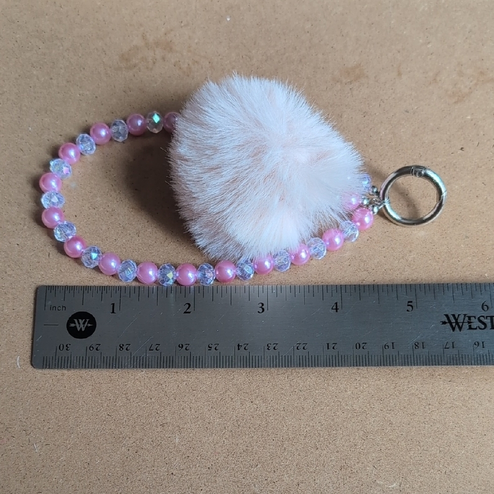 Pink Faux Fur Pom Pom Beaded Keychain Charm - Picture 3 of 6